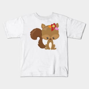 Spring Animals, Cute Squirrel, Colorful Flowers Kids T-Shirt
